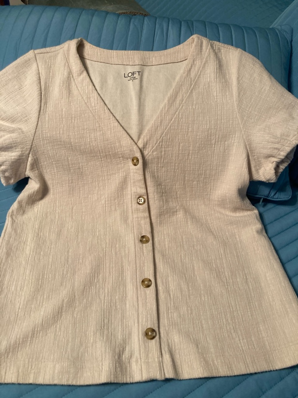 LOFT Cream Textured V-Neck Button Front Top